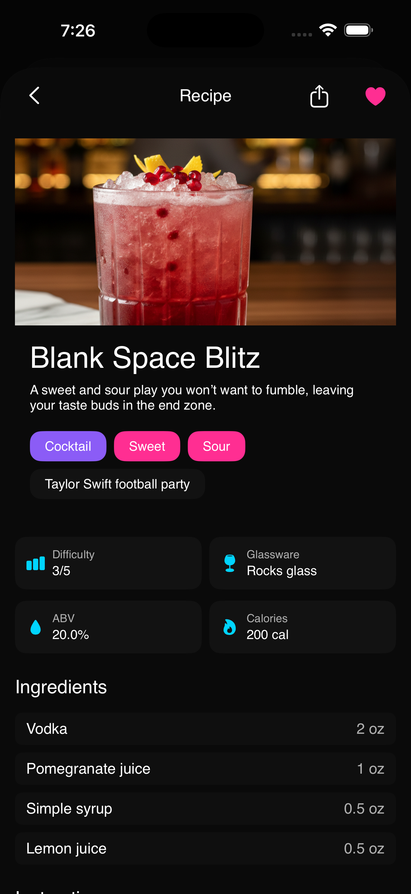 SipEasy Recipe View Screen